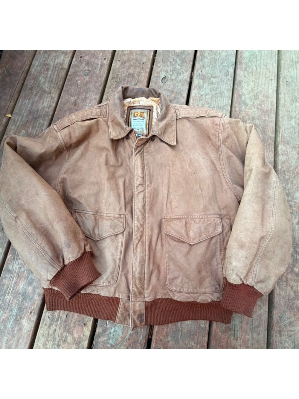 G-III Mens Brown Leather Bomber Jacket With Ribbed Cuffs & Pockets Size M Made I